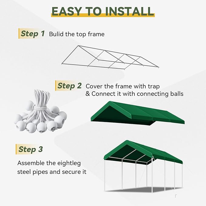 Aoxun 10x20 ft Heavy Duty Carport with Tarp & Wind Resistance Portable Carport Car Tent Outdoor Car Port with Tear Resistant Canopy, No Sidewall - Green