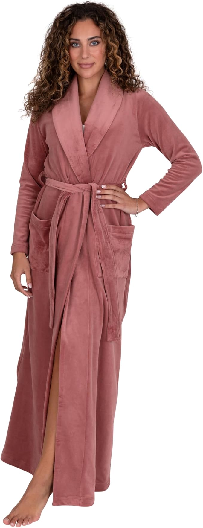Be Relax Terry Velour Robe - Made of Polyester, Shawl Collar Robe with Belt & Side Pockets, Soft & Warm Bathrobe for Women