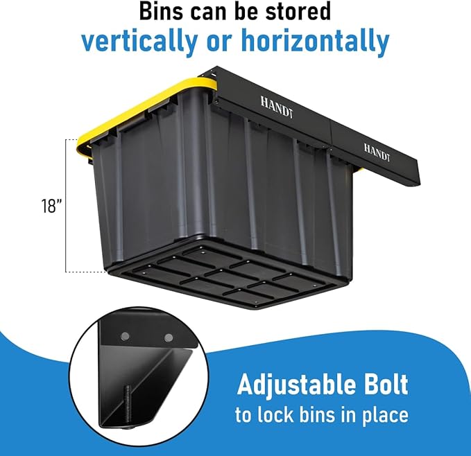 HandT USA Based Overhead Garage Storage Rack, Ceiling Tote Bin Organization Rails Shelving Racks System, Heavy Duty Hanging Metal Rack Systems for 27 Gallon Container, Supports Most Bins, 4 Sets Black