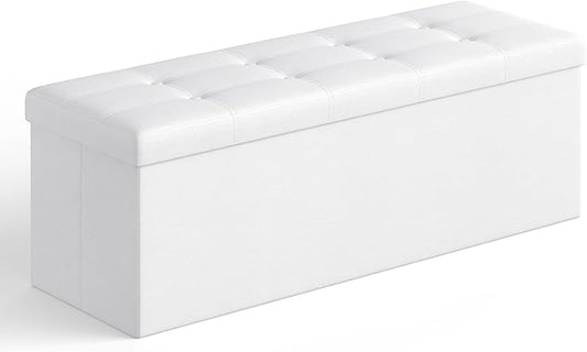 SONGMICS MAZIE Collection - 43 Inches Folding Storage Ottoman Bench, Ottoman with Storage, Foot Rest Stool, Load 660 lb, for Living Room, Synthetic Leather, White ULSF702