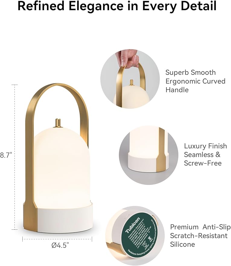 Tubicen Portable Lamp, Battery Operated Cordless Outdoor Table Lamps Rechargeable 4-Level Touch Dimmable IP44 Shower Lamp, Night Light for Patio Camping Dining Room Bedroom (Brass White, Waterproof)