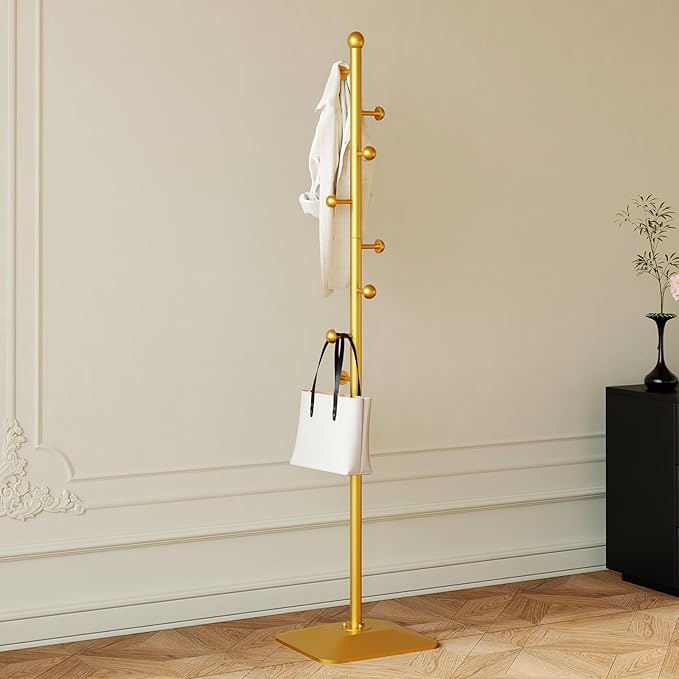 Gold coat rack,Metal coat hanger stand,Coat Tree freestanding Heavy duty with 8 Hooks and Cast iron base for coats,Hat,scarf,jacket,purse
