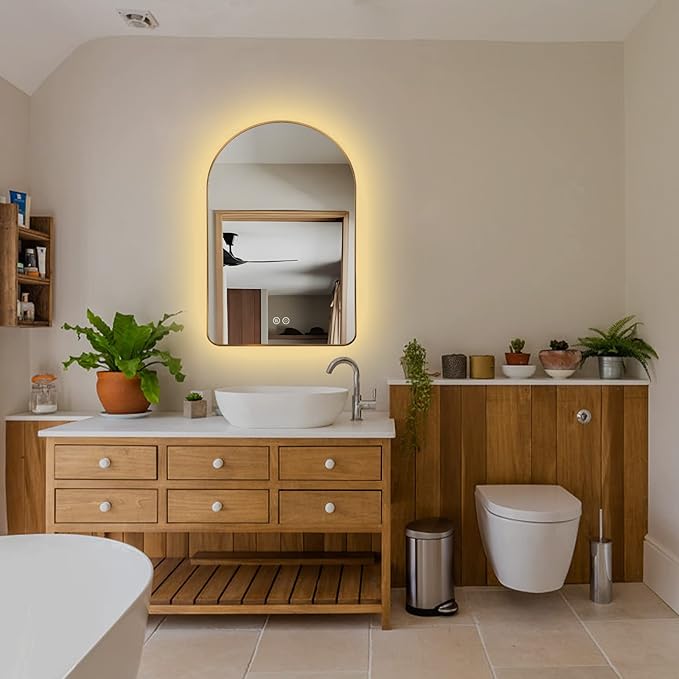 Niccy Arched LED Lighted Bathroom Mirror, 32x20 Inch Backlit Vanity Mirror with Lights Brushed Gold Framed Wall Mounted Mirrors with Dimmable 3 Color Shatterproof Arch Smart Fog Free Mirror