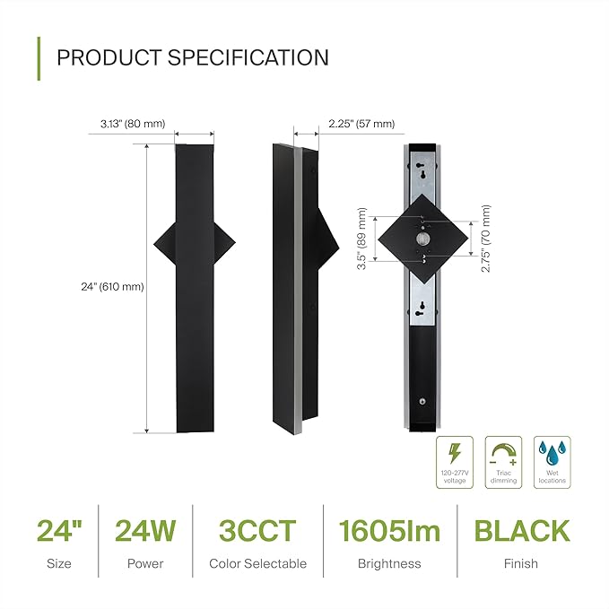 ASD LED 24" Long Wall Mount Light Fixture, Outdoor & Indoor Linear Sconce | 3CCT, Dimmable, Waterproof, Anti-Rust, ETL Listed | 24W 1500LM 3000-5000K 100-277V | Exterior Porch Lighting | Black, 2 Pack