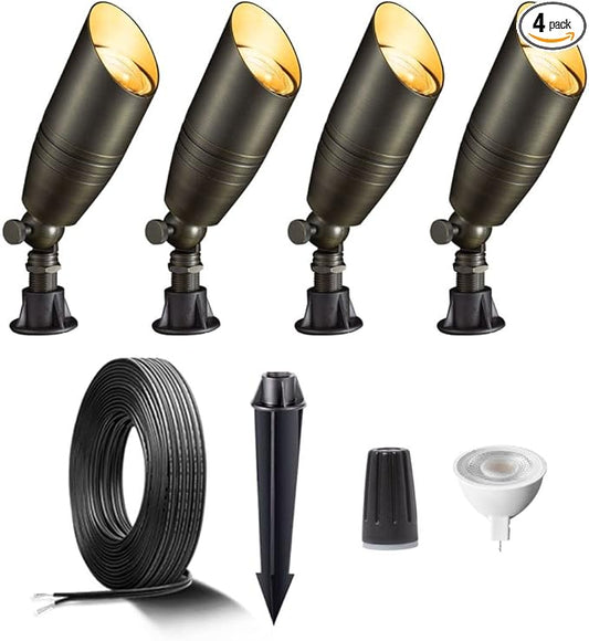 Brass Landscape Lighting Kit (4 Pack Spotlights) with 100 Feet Cable and 20Pack Wire Connectors for Outdoor House Garden Patio Without Low Voltage Transformer