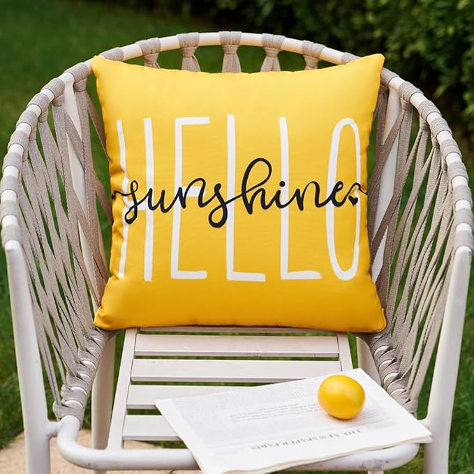 DFXSZ Outdoor Pillow Covers 20x20 Inch Set of 2 Hello Sunshine Decor Yellow Waterproof Throw Pillow Covers Summer Outdoor Waterproof Pillow Covers Decor for Patio Funiture Garden Sofa Couch 020B20
