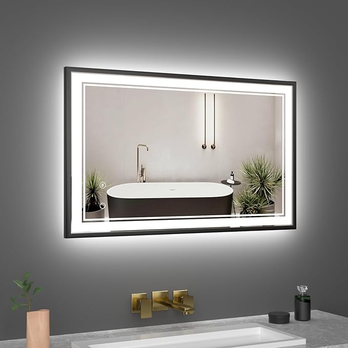 24" x 40" LED Bathroom Mirror with Lights Framed LED Mirror for Bathroom Backlit and Front Lighted Bathroom Mirror Black Square Aluminum Frame Anti-Fog Dimmable Vanity Adjustable Memory