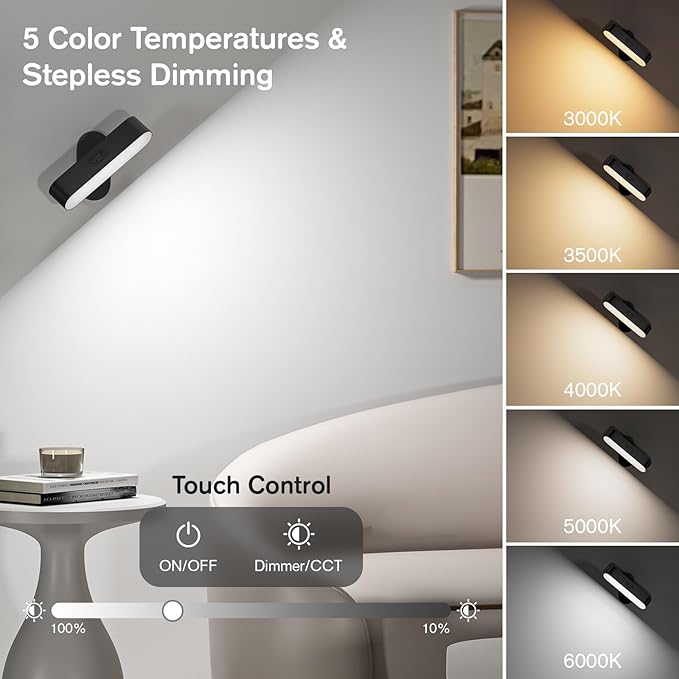 Wall Light, Wireless Battery Operated Wall Sconce for Bedroom, LED Rechargeable Wall Lamp for Paintings, 5 Colors Stick on Wall Mounted Lamp for Reading, Living Room
