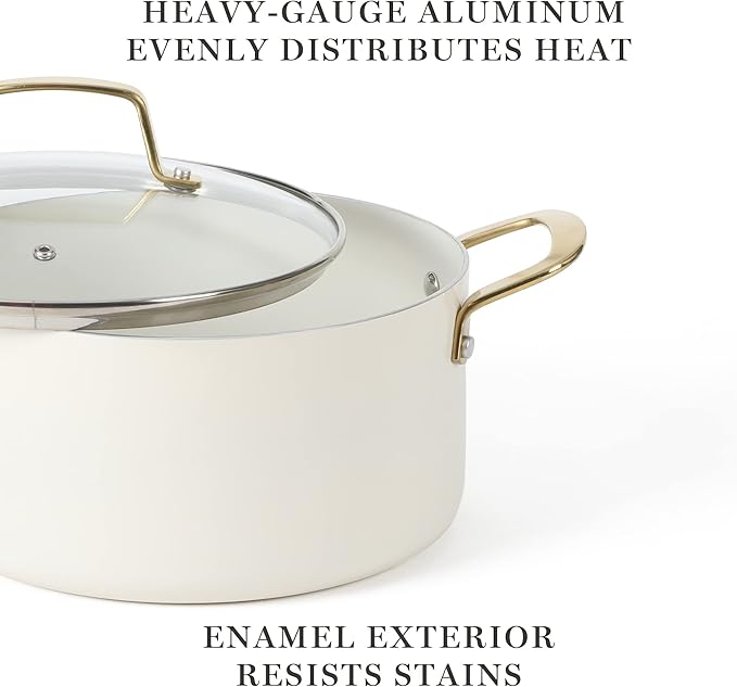 Martha Stewart Lockton Premium Non stick Non Toxic PFA Free Ceramic Interior 10 Piece Heavy Gauge Enamel Aluminum Pots and Pans Cookware Set - Linen White w/Gold Handle