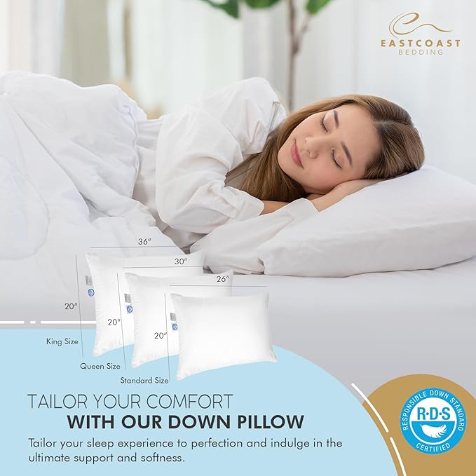 East Coast Bedding Goose Down Sleeping Pillow White 600 Fill Power with 400 Thread Count 100% Cotton for Couch, Side Sleeper, Travel & Bed Pillows - Standard Size Medium - 2 Pack