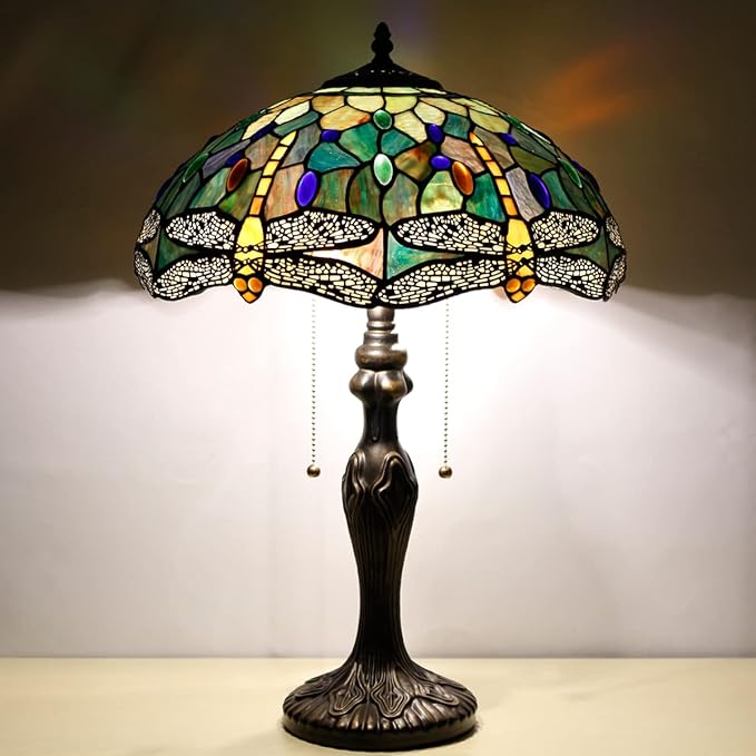 Tiffany Table Lamp Stained Glass Lamp 16X16X24 Inch Antique Reading Light (Amber Yellow Dragonfly)