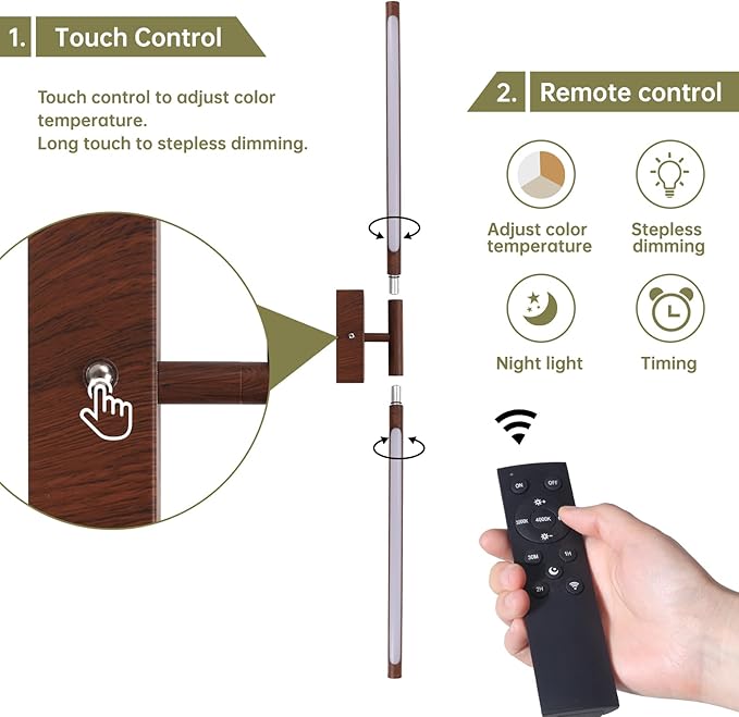 Battery Operated Wall Sconce Set of 2, 10400mAh Rechargeable Wall Sconces, 3000K-6000K Dimmable, 350°Rotate, Indoor Wall Lights for Bedroom Living Room Bathroom, Black Walnut, 31.5 Inch