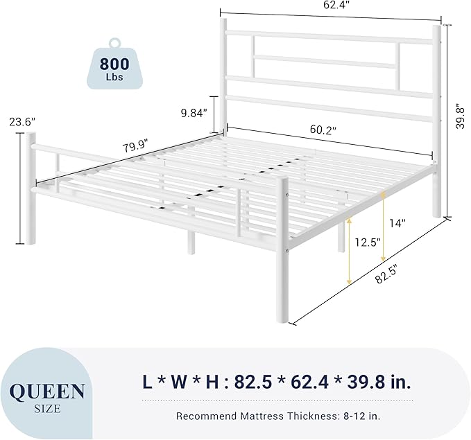 Allewie 14 Inch Queen Size Metal Platform Bed Frame with Headboard and Footboard, Underbed Storage, Strong Metal Slats Support, Mattress Foundation, No Box Spring Needed, Easy Assembly, White
