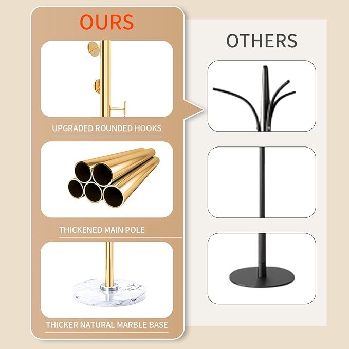 Modern Metal Coat Rack Stand with Natural Marble Base, Heavy Duty Coat Rack Freestanding with 8 Hooks, Golden Standing Coat Racks Hall Tree Stand for Bag, Jacket, Entryway Office