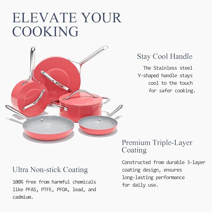 Ceramic Cookware Set Nonstick Pots and Pans Set 8 Pieces Non Toxic PTFE/PFOA/PFAS Free All Cooktops Compatible Even Heat Distribution Oven Safe to 500°F, Fusion Red