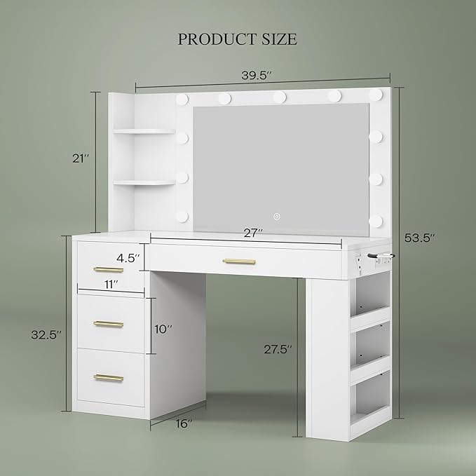 DWVO Makeup Vanity Desk with Mirror & Lights, 40inch Vanity Table with Power Outlets, 4 Drawers & 6 Open Storage Shelves, 3 Color Modes & Adjustable Brightness Dressing Table for Bedroom, White