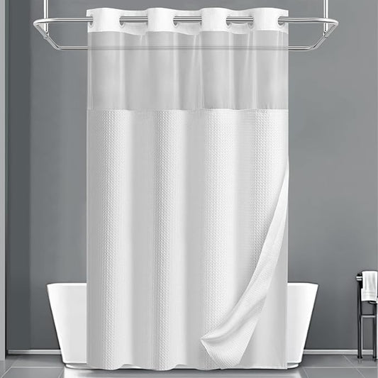 YellyHommy No Hook Shower Curtain with Snap in Fabric Liner Set Less Time White Waffle Shower Curtain for Bathroom 75" L x 54" W