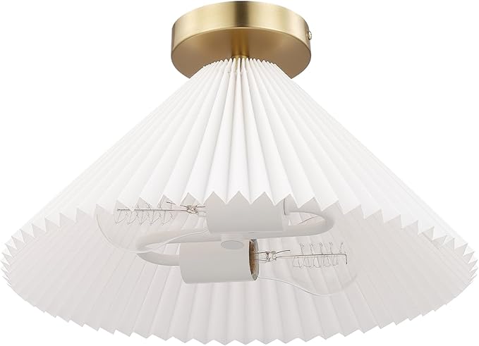 GLOBE Electric x Novogratz 66000085 2-Light Flush Mount Ceiling Light, Matte Brass Finish, Off-White Pleated Fabric Shade, Bedroom Lighting Fixtures Ceiling, Lighting for Hallway or Dining Room