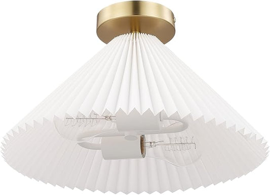 GLOBE Electric x Novogratz 66000085 2-Light Flush Mount Ceiling Light, Matte Brass Finish, Off-White Pleated Fabric Shade, Bedroom Lighting Fixtures Ceiling, Lighting for Hallway or Dining Room