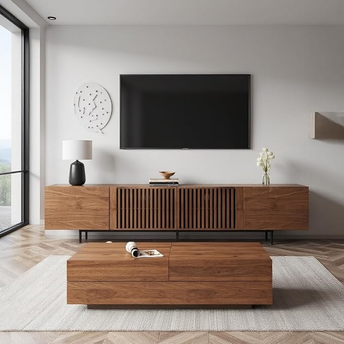 94.48″ Mid Century Modern Walnut TV Stand with Grille Doors, Storage Cabinets,Entertainment Center for TVs Up to 80",Media Console for Living Room or Bedroom