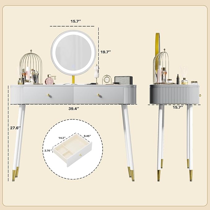 WinZo 40" Vanity Desk with Mirror and Lights, Small Makeup Vanity Table with 2 Storage Drawers and Charging Station, 3 Color Touch Screen Stylish Dressing Table for Small Spaces & Bedroom, Gray