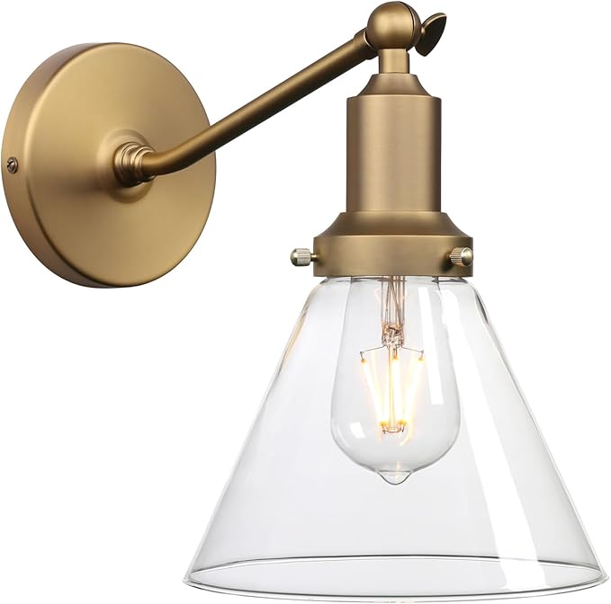 PERMO Industrial Vintage Slope Pole Wall Mount Single Sconce with Funnel Flared Clear Glass Shade Wall Sconce Light Lamp Fixture Hardwired (Antique Gold)