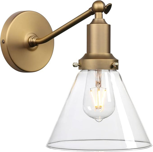 PERMO Industrial Vintage Slope Pole Wall Mount Single Sconce with Funnel Flared Clear Glass Shade Wall Sconce Light Lamp Fixture Hardwired (Antique Gold)
