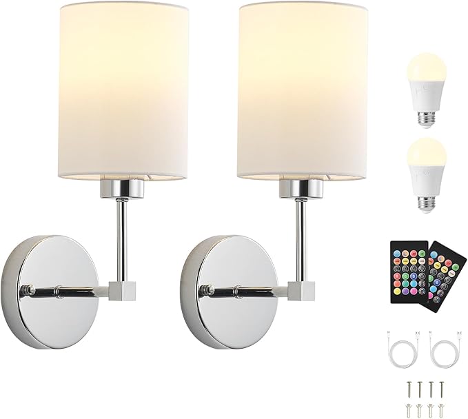 Battery Operated Wall Sconce Set of Two,Wireless Rechargeable Wall Light With Remote Control, Dimmable, 1800K/3000K/4000K/6000K/RGB, Timer, for Living Room, Bedroom, Fireplace, TV, 13.5 Inch, Chrome
