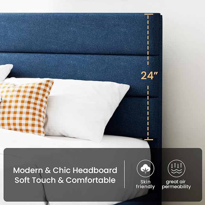 SHA CERLIN Queen Platform Bed Frame with Upholstered Fabric Headboard, Mattress Foundation with Strong Wooden Slats Support, No Box Spring Needed, Blue