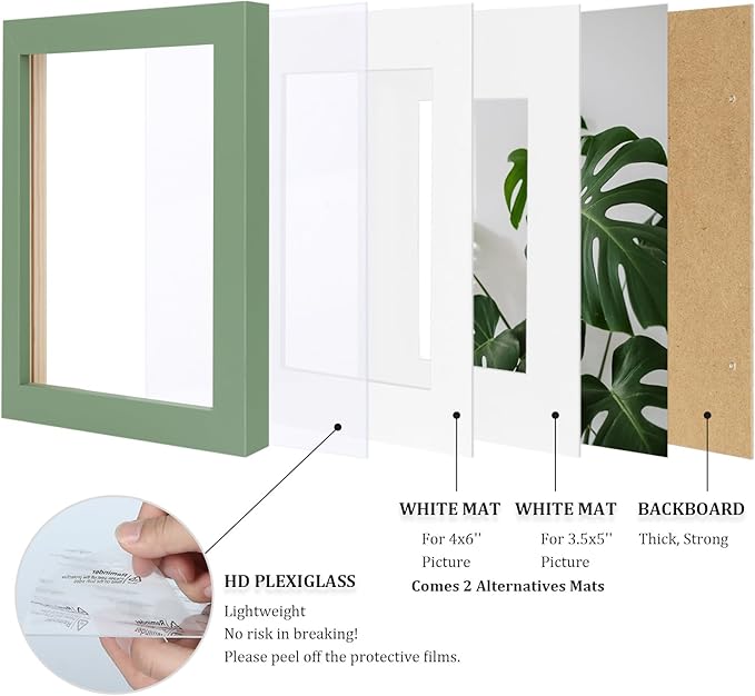Egofine 5x7 Picture Frame Made of Solid Wood, Covered by Plexiglass Display Pictures 3.5x5/4x6 with Mat or 5x7 Without Mat for Table Top Display and Wall Mounting Photo Frame, Green
