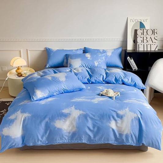 CLOTHKNOW Blue Sky Queen Size Comforter Set White Cloud Bedding Comforter Sets Blue Queen Comforter Soft Blue Comforter with 2 x Pillow Cases