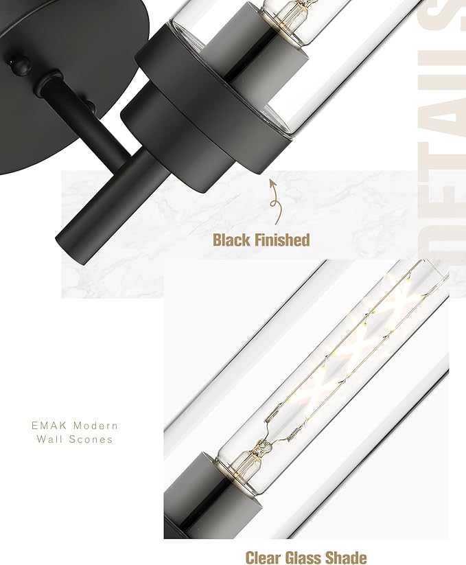 Emak Black Wall Sconces Set of Two, Modern Vanity Lights with Clear Glass Shade, Wall Lights for Bathroom, Bedroom, Living Room, Hallway, WS085-BK-2PK