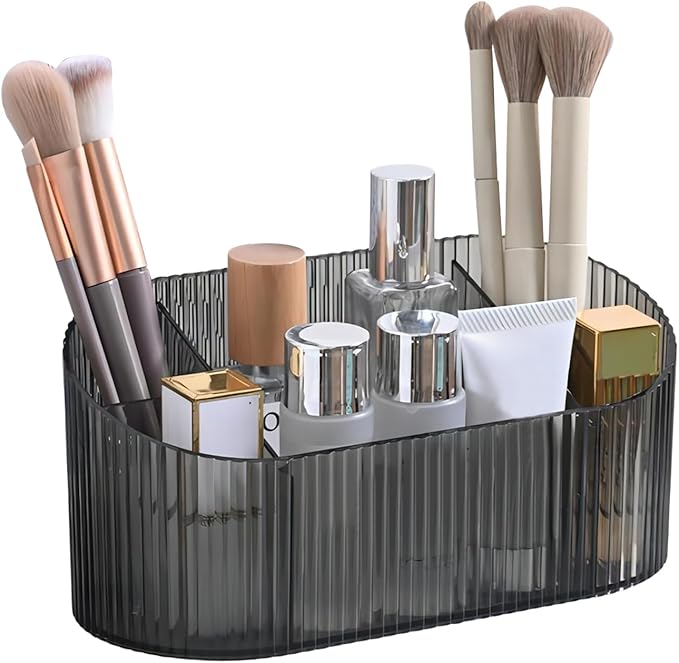 DASITON Large Capacity Makeup Brush Holder,5 Slot Makeup Brush Holder,Vintage striped Make Up Brush Holder,for Vanity Decor,Bathroom Countertops,Desk Storage Container,Cosmetic Display cases(Grey)