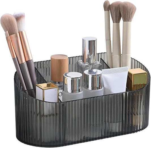 DASITON Large Capacity Makeup Brush Holder,5 Slot Makeup Brush Holder,Vintage striped Make Up Brush Holder,for Vanity Decor,Bathroom Countertops,Desk Storage Container,Cosmetic Display cases(Grey)
