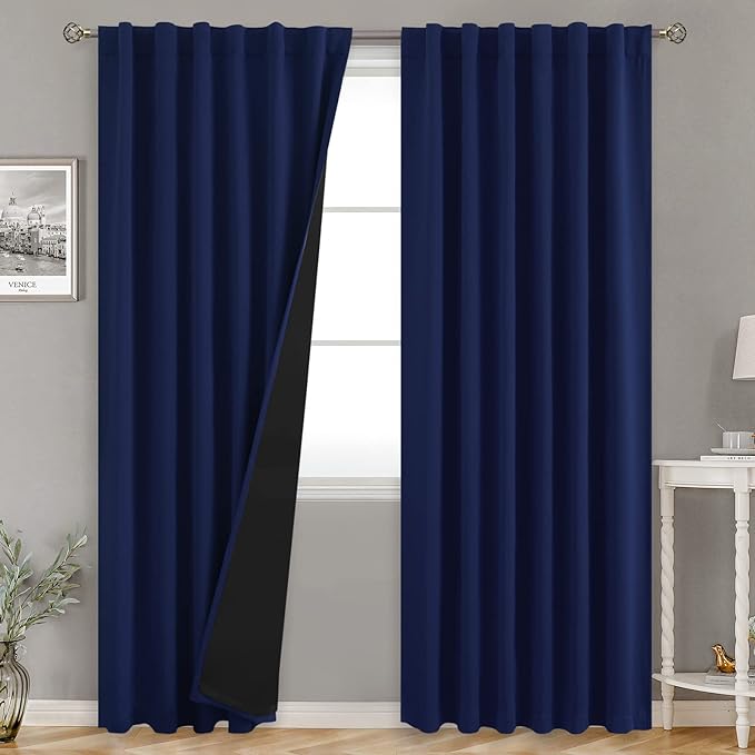 BGment Full Blackout Curtains with Thermal Insulation Liner Curtains 95 Inches Long, Rod Pocket and Back Tab Double Layer Room Darkening Window Curtain for Bedroom(52 x 95 Inch, 2 Panels, Navy Blue)