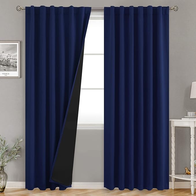 BGment Navy Blue 100% Blackout Curtains 90 Inches Long with Reducing Noise Liner, Rod Pocket and Back Tab Double Layer Full Room Darkening Window Curtain for Bedroom, 2 Panels, Each 52 x 90 Inch