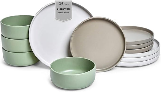 Sango Rollo Alta 12-Piece Modern Stoneware Dinnerware Set- Sage/Sand/White, Includes Dinner & Salad Plates, Cereal Bowls, Microwave & Dishwasher Safe, Highly Chip and Crack Resistant, Service for 4