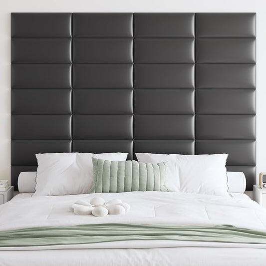 IFNOW Wall Mounted Upholstered Headboard King, 12 Panels 3D Peel and Stick Soundproof Wall Panels, Reusable and Removable Padded Headboard Leather Bed Headboard, 9.84" x 23.62", Black