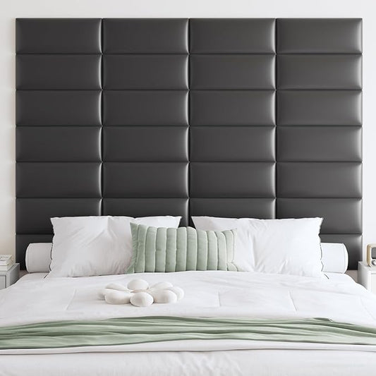 IFNOW Wall Mounted Upholstered Headboard Full, 3D Peel and Stick Soundproof Panels, Reusable and Removable Padded Leather Bed Headboard, 6 Panels 9.84" x 23.62", Black