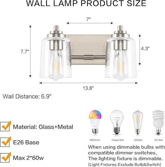 SOLFART Brushed Nickel Vanity Light 2 Light Bathroom Vanity Light Bathroom Lights Vanity Light Fixtures Wall Lights Over Mirror
