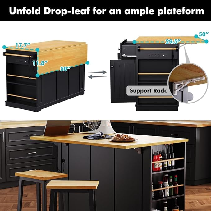 Rolling Kitchen Island with Storage, Kitchen Cart on Wheels with Drop Leaf, Mobile Kitchen Storage Cart with Power Outlet, Open Side Racks, 53 Inch Width, Three Drawers (Black)