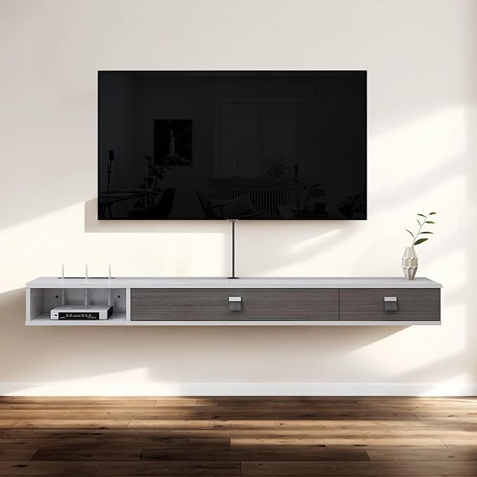 Pmnianhua Floating TV Shelf,63'' Wall Mounted Floating TV Stand,Floating Media Console,Wall TV Console,Under TV Entertainment Shelf with 2 Doors for TVs up to 70''(Greyish-White)