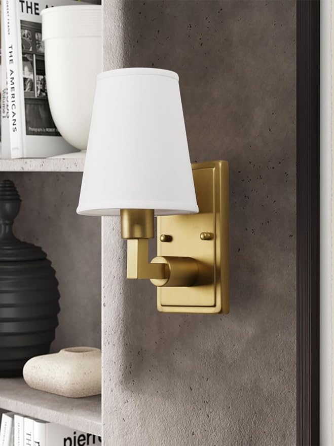 Wall Sconce 1-Light Fixture Antique Finish with White Fabric Shade, E26 Hardwired Indoor Wall Light for Vanity Bathroom Living Room Bedside Nightstand Light