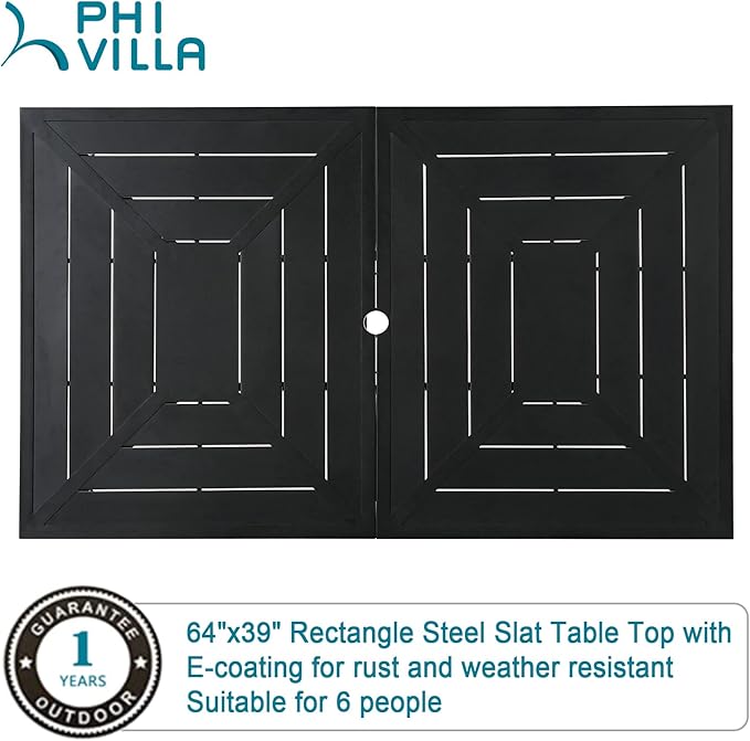 PHI VILLA 7-Piece Outdoor Dining Set, Rectangular Metal Table (64") with Umbrella Hole and 6 Stackable Dining Chairs – Perfect for Patio, Garden, Deck, Porch, and Yard, 7PCS Outdoor Dining Set Style 2