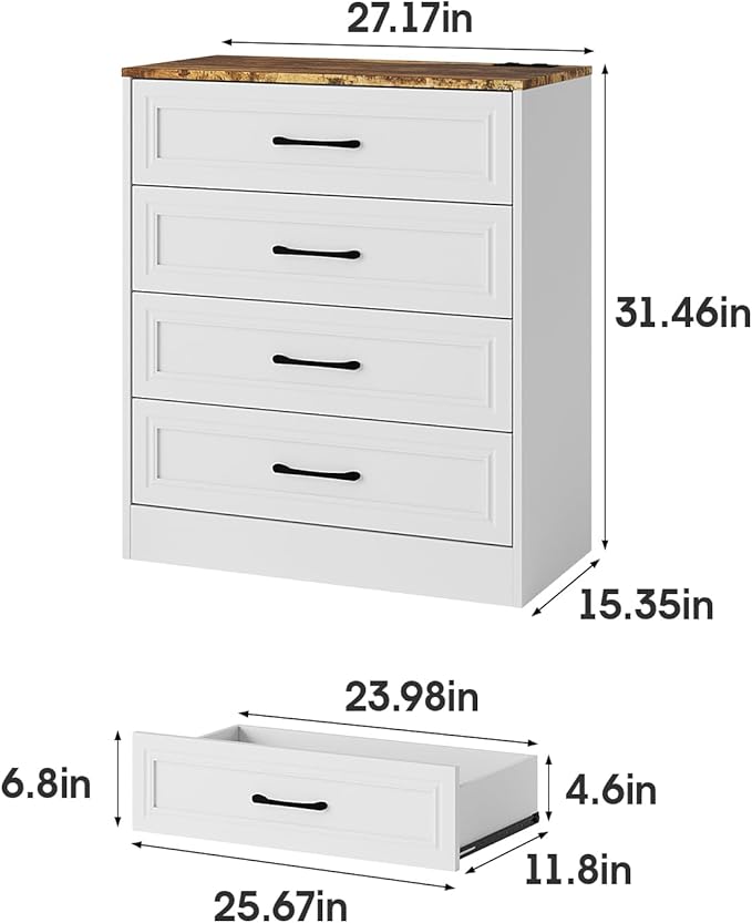 Fameill Dresser for Bedroom, 4 Drawer Small Dresser Organizer with Charging Station for Livingroom, Chest of Drawers with Metal Handles, Farmhouse White