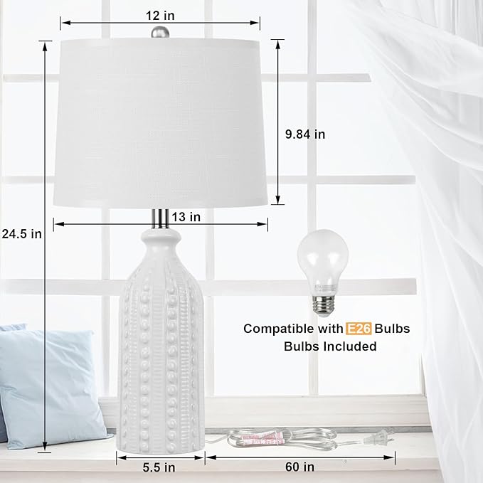 White Ceramic Table Lamp 24.5": 3-Way Dimmable Bedside Lamp with White Drum Slub Shade, Modern Nightstand Lamp for Bedroom & Living Room (Bulb Included)