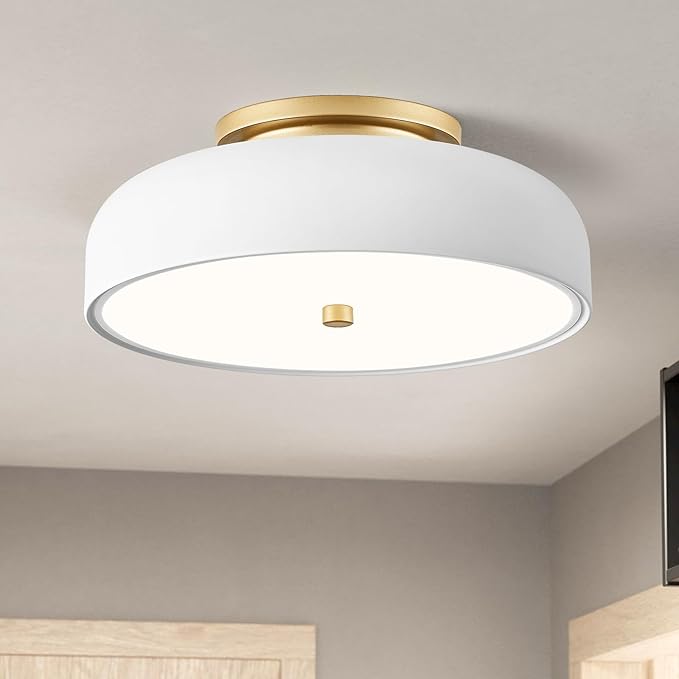 Dimmable LED Ceiling Light Fixture, 2700K-6000K 5CCT Modern Mid-Century Semi Flush Mount Ceiling Light, White Close to Ceiling Lamp for Kitchen, Laundry Room, Bedroom, Hallway, 11.8in