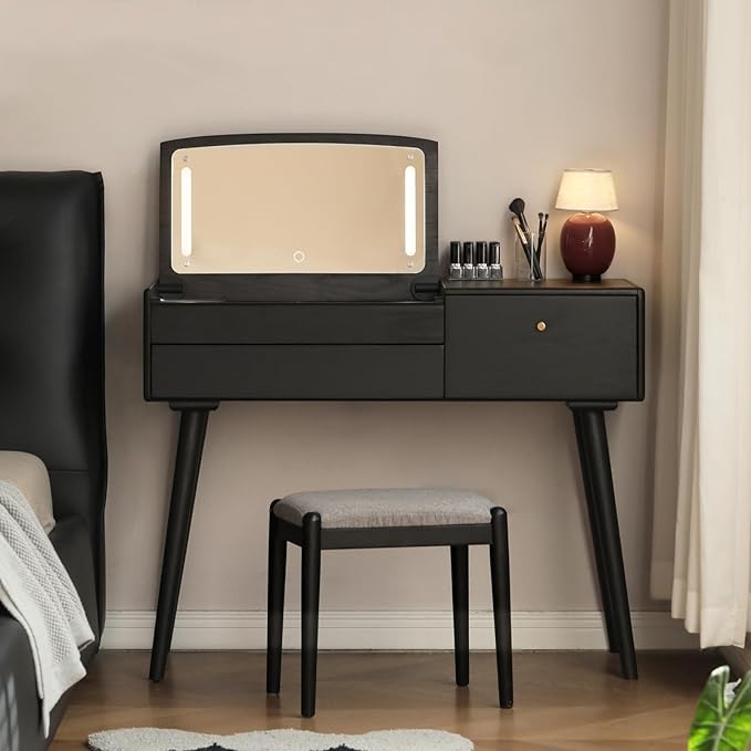 Small Vanity Desk with LED Mirror, Solid Wood Flip-top Design Dressing Table with Drawer Divider, Vintage Dressing Table Vanity Desk for Bedroom, Black, 40" D x 17" W x 31" H