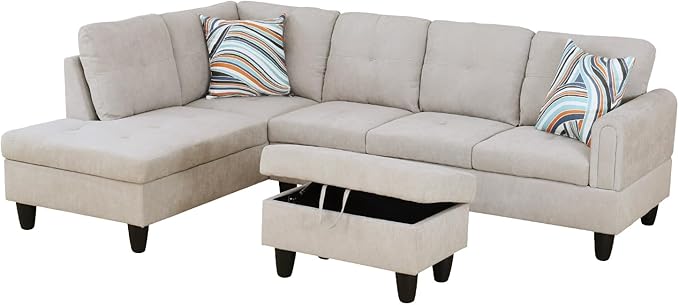 L-Shape 3-Piece Cloud Sofa, Couch for Living Room, Light-Grey Fluffy Fabric L-Shape with Reversible Chaise & Storage Ottoman, Ergonomic 110–115° Recline, Solid-Wood Frame