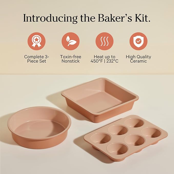 Our Place Wonder Oven Baker’s Kit – 3-Piece Toxin-Free Ceramic Nonstick Bakeware Set (8” Round, 8” Square, 6-Cup Muffin Pan) - Oven-Safe up to 450°F - Spice